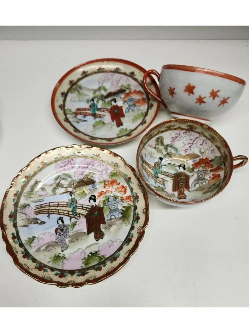 Japanese Moriage Porcelain Teacup & Plate Set Hand Painted Gorgeous Gold Gilt Vi